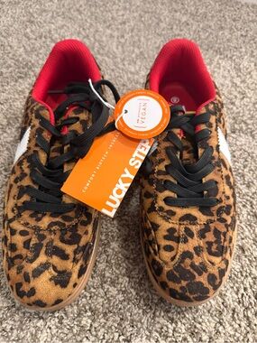 Lucky Steps Women's Leopard Print Vegan Sneakers with Black Laces and Red Lining
